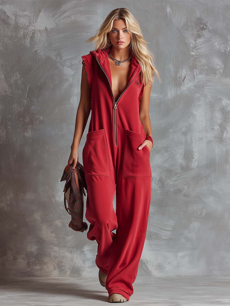 Raspberry Sporty Hooded Jumpsuit
